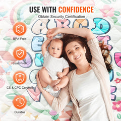 Soft, thick baby play mat with educational patterns and anti-slip backing for safe crawling.