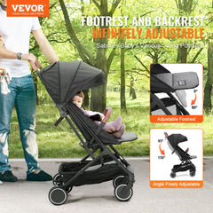 Black Bostome infant toddler stroller with adjustable backrest and one-hand fold feature.