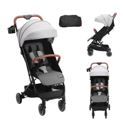 Lightweight grey Bostome C628 toddler stroller with adjustable backrest, shown folded and unfolded with accessories.