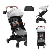 Lightweight grey Bostome C628 toddler stroller with adjustable backrest, shown folded and unfolded with accessories.