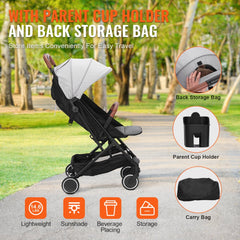 Lightweight grey Bostome C628 toddler stroller with adjustable backrest, cup holder, and storage bag.