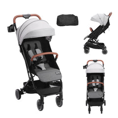 Lightweight grey Bostome C628 toddler stroller with adjustable backrest, shown folded and unfolded with accessories.