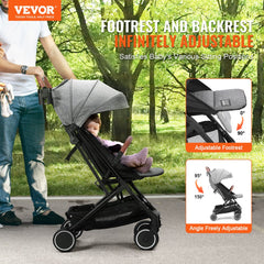 Dark grey infant toddler stroller with adjustable backrest, footrest, and one-hand fold feature.