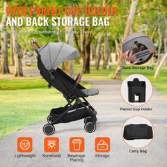 Dark grey infant stroller with adjustable backrest, footrest, and one-hand fold feature.