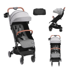 Dark grey infant stroller with adjustable backrest, footrest, and one-hand fold feature.