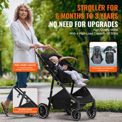 Bostome carbon steel baby stroller in black with a reversible seat and compact fold design.