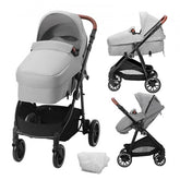 Light grey foldable stroller with reversible seat, bassinet, and all-terrain wheels.
