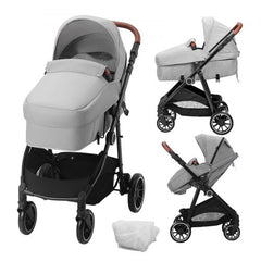Light grey foldable stroller with reversible seat, bassinet, and all-terrain wheels.