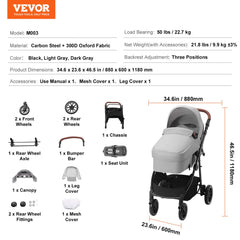 Light grey Bostome foldable stroller with reversible seat and bassinet for infants and toddlers.