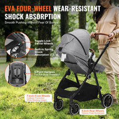 Dark grey foldable stroller with reversible seat and multiple recline angles for infants and toddlers.