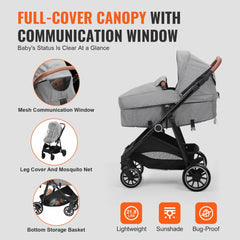 Dark grey foldable stroller with reversible seat and multiple recline angles for infants and toddlers.