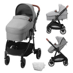 Dark grey infant toddler stroller with a reversible seat and one-touch folding feature.