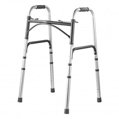 Aluminum folding walker with adjustable height and anti-skid feet, supports up to 350lbs.