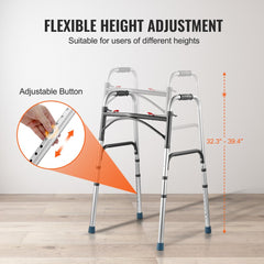 Aluminum folding walker with adjustable height and anti-skid feet, supports up to 350lbs.