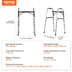 Aluminum folding walker with adjustable height and anti-skid feet, supports up to 350lbs.