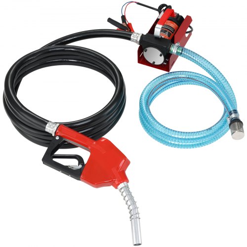 12V DC diesel fuel transfer pump kit with automatic shut-off nozzle and portable design.