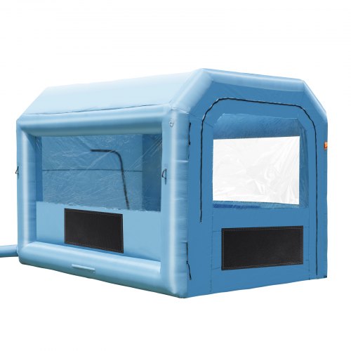 Inflatable paint booth with transparent windows, sturdy construction, and quick setup features.