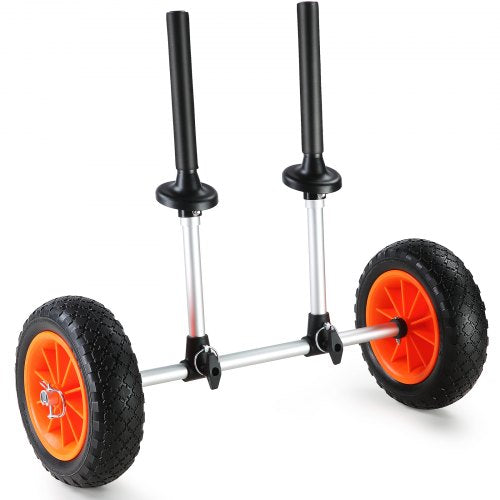 Heavy duty kayak cart with 10" solid tires and adjustable width for easy transport.