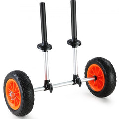 Heavy duty kayak cart with 10" solid tires and adjustable width for easy transport.