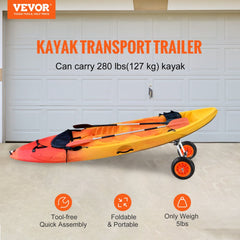 Heavy duty kayak cart with 10" solid tires and adjustable width for easy transport.