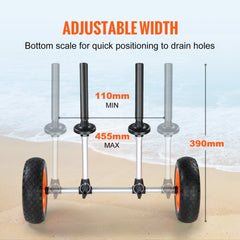 Heavy duty kayak cart with 10" solid tires and adjustable width for easy transport.