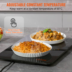 Black Bostome Electric Warming Tray with 16.5" x 11" tempered glass surface.