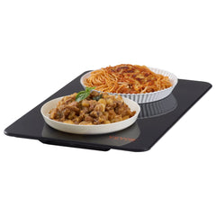 Black electric warming tray with a 16.5" x 11" tempered glass surface.