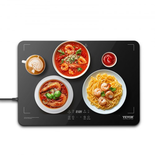 Electric warming tray with a glass surface, temperature control, and touch screen settings.