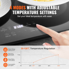 Electric warming tray with a glass surface, temp control, and touch screen settings.