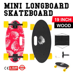 A 19-inch mini longboard skateboard with a red strawberry pattern and black grip tape.