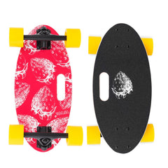 Red strawberry-patterned 19-inch mini cruiser longboard with black deck underside and yellow wheels.