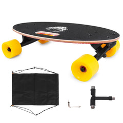 19-inch mini cruiser longboard skateboard with 7-ply maple deck, yellow wheels, black carrying bag, and tools.
