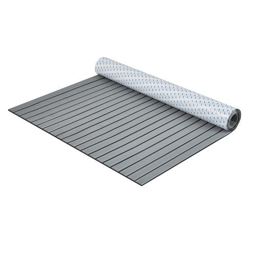 Rolled gray EVA foam boat flooring mat, 94.5" x 45.7", non-slip with self-adhesive backing.