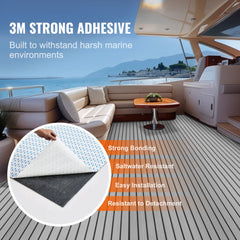 Non-slip self-adhesive EVA foam boat flooring mat, 94.5 by 45.7 inches, shown on a yacht deck with 3M adhesive backing.