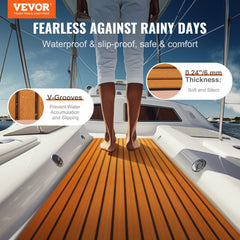 Orange EVA foam boat flooring sheet, 94.5x35.4 inches, with V-grooves for non-slip traction and self-adhesive backing.