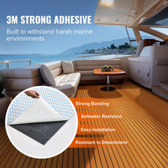 Bostome EVA foam boat flooring sheet, 94.5x35.4 inches, non-slip with self-adhesive backing, shown on a yacht deck.