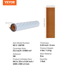 A rolled-up brown EVA foam boat flooring with a white adhesive backing and dimensions.