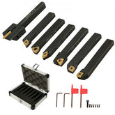 Black Bostome 1/4" indexable carbide lathe turning tool set with 7 pieces and durable case.