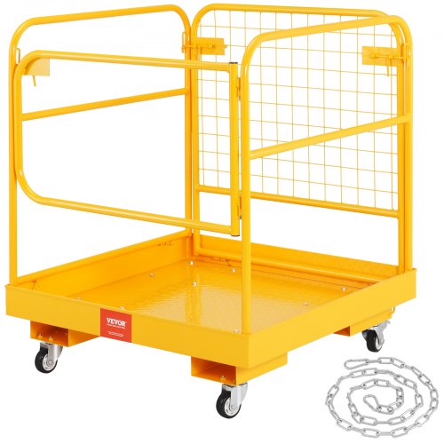 Folding safety cage for forklifts, 1200 lbs capacity, 36x36 inch with mesh door and swivel wheels.