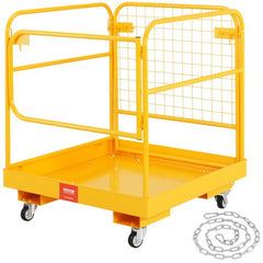 Folding safety cage for forklifts, 1200 lbs capacity, 36x36 inch with mesh door and swivel wheels.