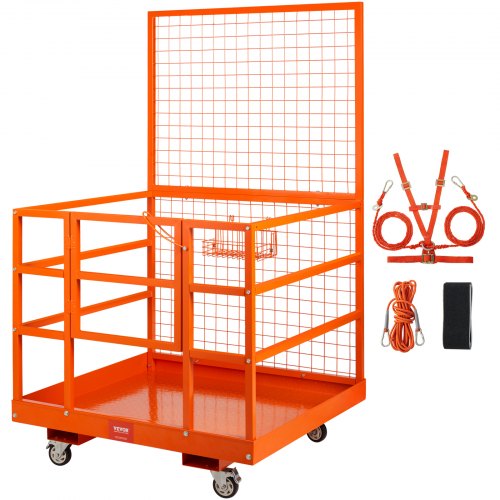 Orange forklift safety cage work platform, 43x45in, with mesh sides, straps, and wheels.