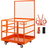 Orange forklift safety cage work platform, 43x45in, with mesh sides, straps, and wheels.