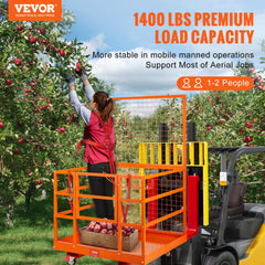 Orange 43x45in forklift safety cage work platform with mesh sides, supporting 1400lbs for 1-2 workers.
