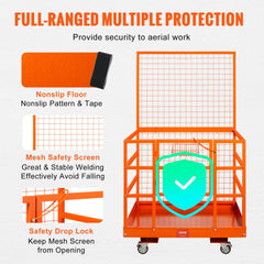 Orange 43x45-inch forklift safety cage work platform with nonslip floor, mesh screen, and safety lock.