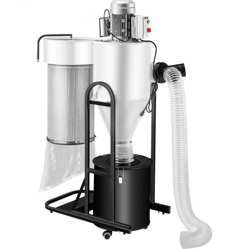 Bostome 2HP Cyclone Woodworking Dust Collector with 13.2-gallon drum and flexible hose.