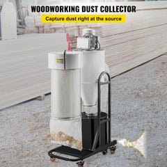 Bostome 2HP cyclone dust collector with a 13.2-gallon drum and flexible hose for efficient dust removal.