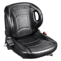 Black adjustable forklift tractor seat with a seatbelt and ergonomic backrest.