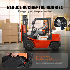 Black forklift tractor seat with adjustable backrest, seatbelt, and wrap-around design.