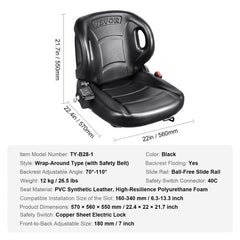 Black forklift tractor seat with adjustable backrest and integrated seatbelt for safety.