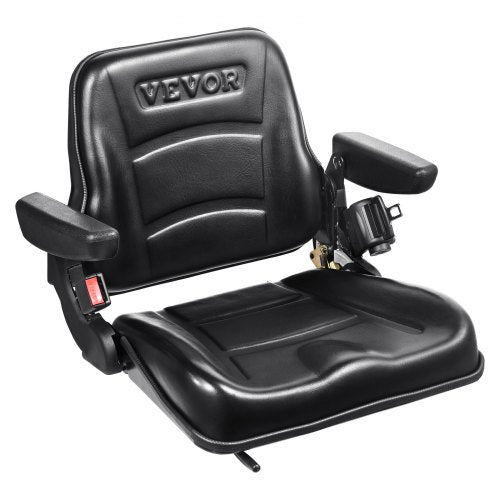 Bostome Universal Forklift Seat with fold down design, adjustable back, and armrests.